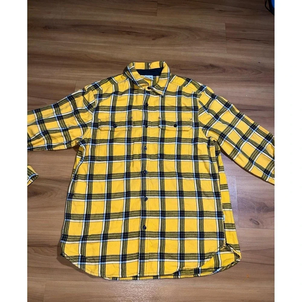 The North Face Flannel Plaid Button Down Pockets Thick Black Yellow Shirt